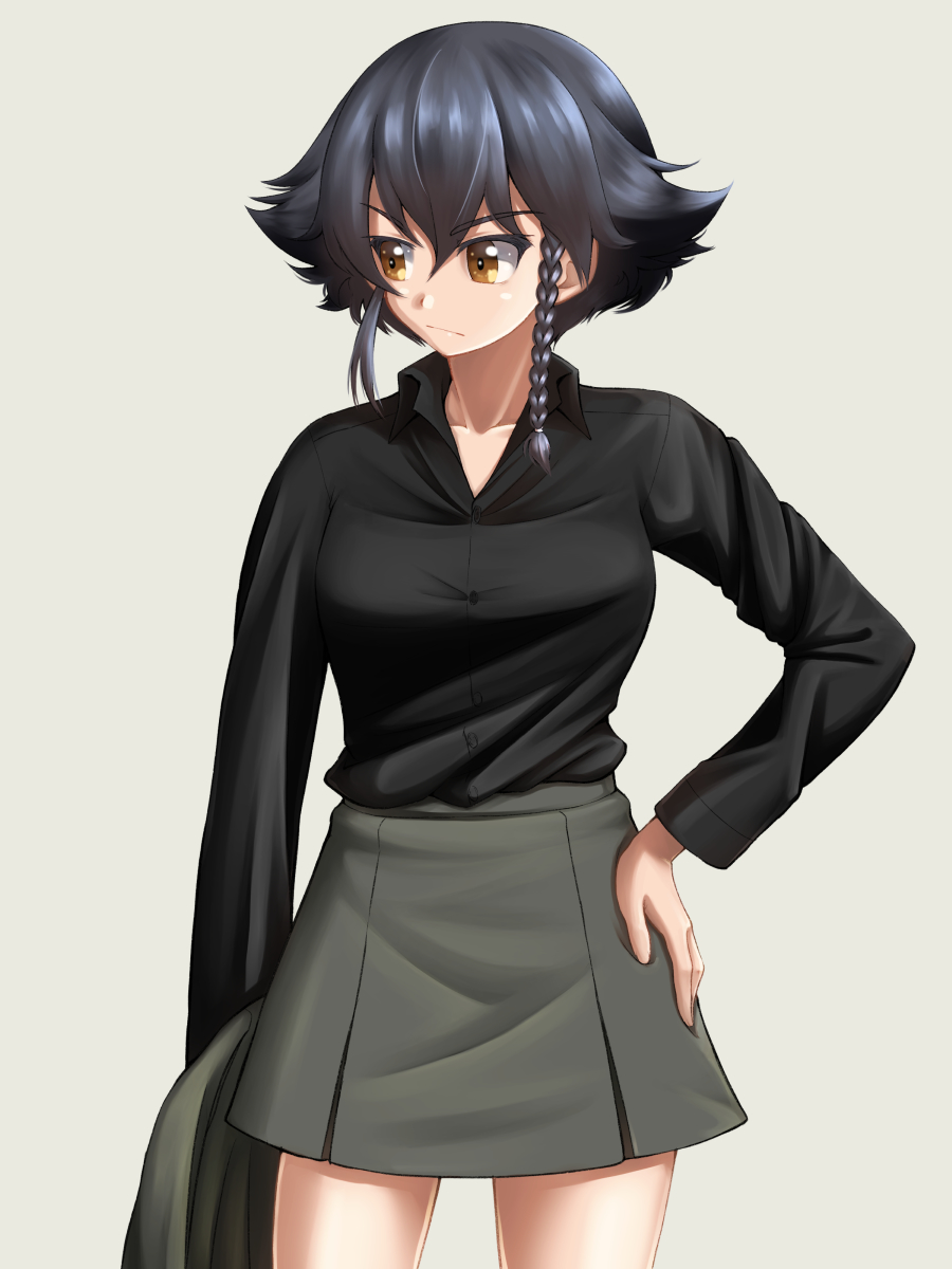 1girl anzio_military_uniform bangs black_hair black_shirt braid brown_eyes closed_mouth dress_shirt eyebrows_visible_through_hair frown girls_und_panzer grey_jacket grey_skirt hair_tie hand_on_hip highres holding holding_jacket jacket jacket_removed long_sleeves looking_to_the_side military military_uniform miniskirt pepperoni_(girls_und_panzer) ruka_(piyopiyopu) shirt short_hair side_braid simple_background skirt solo standing uniform wing_collar