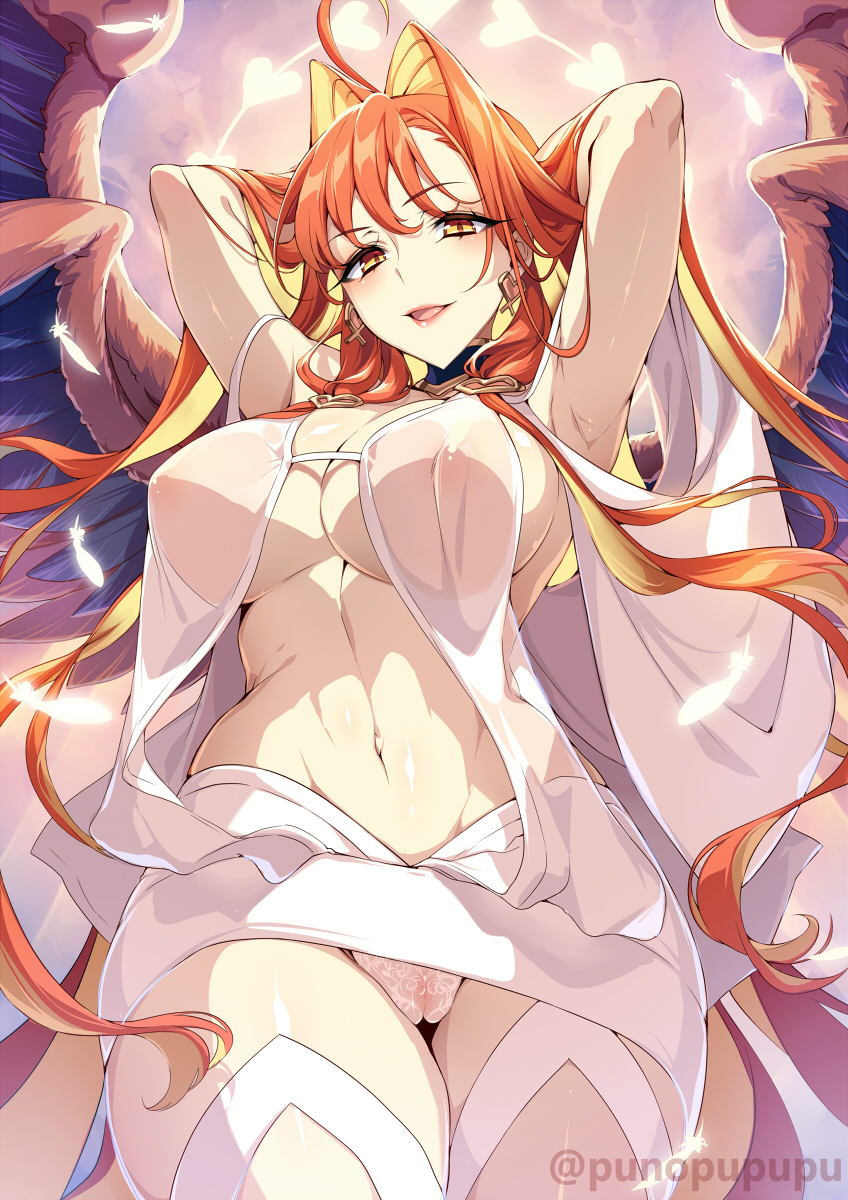1girl aphrodite_(fate/grand_order) arms_behind_head arms_up bangs blush breasts center_opening dress earrings fate/grand_order fate_(series) hair_intakes heart heart_earrings highres jewelry large_breasts lipstick long_hair long_sleeves looking_at_viewer makeup multicolored_hair multiple_wings navel red_hair red_wings smile solo two-tone_hair white_dress wings zeroshiki_kouichi