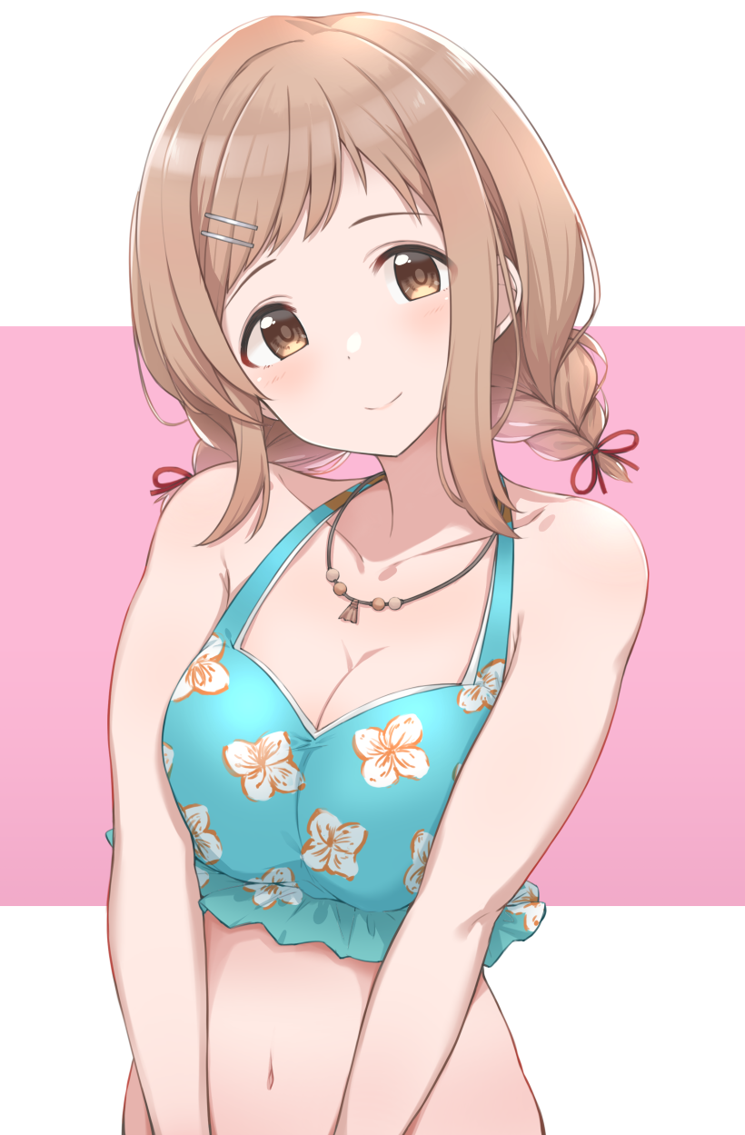 1girl bangs bare_arms bare_shoulders bikini blue_bikini blue_shirt blush braid breasts brown_eyes brown_hair cleavage closed_mouth collarbone crop_top floral_print hair_ornament hairclip halter_top halterneck head_tilt highres idolmaster idolmaster_shiny_colors jewelry large_breasts light_brown_hair long_hair looking_at_viewer low_twintails midriff mitsukazu_(nijigen_complex) navel necklace sakuragi_mano shirt short_twintails sleeveless sleeveless_shirt smile solo swept_bangs swimsuit twin_braids twintails upper_body v_arms