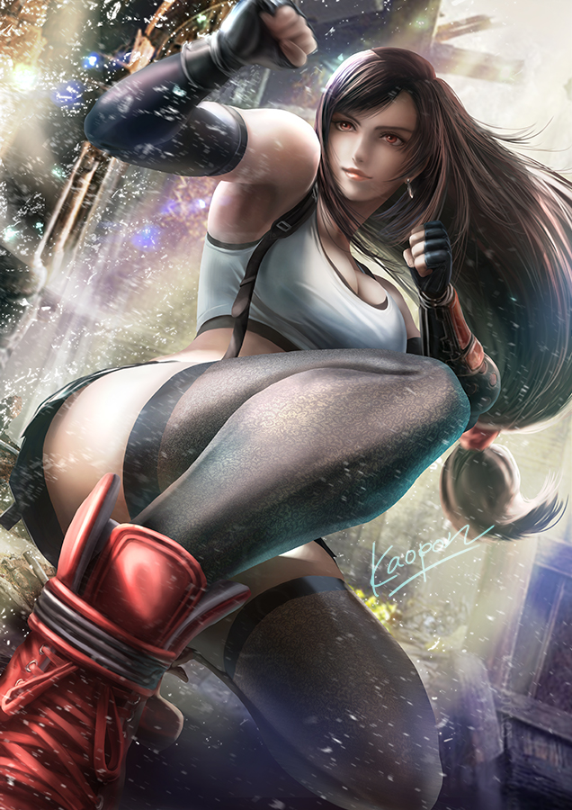 1girl armpits arms_up bangs black_gloves black_legwear black_skirt breasts brown_hair cleavage clenched_hand collapsed crop_top cross-laced_footwear earrings elbow_gloves final_fantasy final_fantasy_vii final_fantasy_vii_remake fingerless_gloves flower gloves hair_tie jewelry kaopon kneeling light_smile long_hair medium_breasts pleated_skirt red_eyes red_footwear signature skirt sleeveless solo suspender_skirt suspenders thighhighs tifa_lockhart white_crop_top yellow_flower