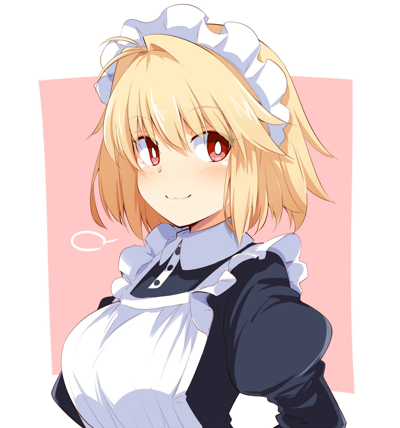 1girl antenna_hair arcueid_brunestud bangs black_dress blonde_hair blush breasts chata_maru_(irori_sabou) commentary_request dress eyebrows_visible_through_hair highres large_breasts looking_at_viewer maid maid_dress maid_headdress pink_background puffy_sleeves red_eyes short_hair simple_background skirt smile solo sweater tsukihime two-tone_background white_background