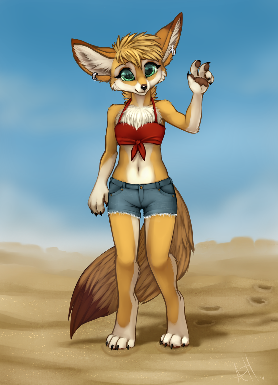 2014 4_toes 5_fingers anthro ash_fox_(skeleion) bottomwear breasts canid canine cheek_tuft chest_tuft claws clothing desert dipstick_tail ear_piercing eyebrows eyelashes facial_tuft female finger_claws fingers fox fur green_eyes hi_res inner_ear_fluff looking_at_viewer mammal midriff multicolored_tail navel outside piercing shorts signature skeleion sky small_breasts smile solo tan_body tan_fur toe_claws toes tuft