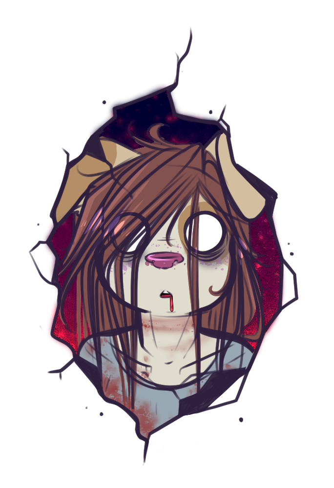 alpha_channel bags_under_eyes blood blood_in_mouth blood_on_clothing blood_on_face bodily_fluids brown_hair canid canine canis clothing cracks dimmi_(character) dimwitdog domestic_dog female floppy_ears hair hole_in_wall mammal solo vacant_eyes vacant_stare white_eyes