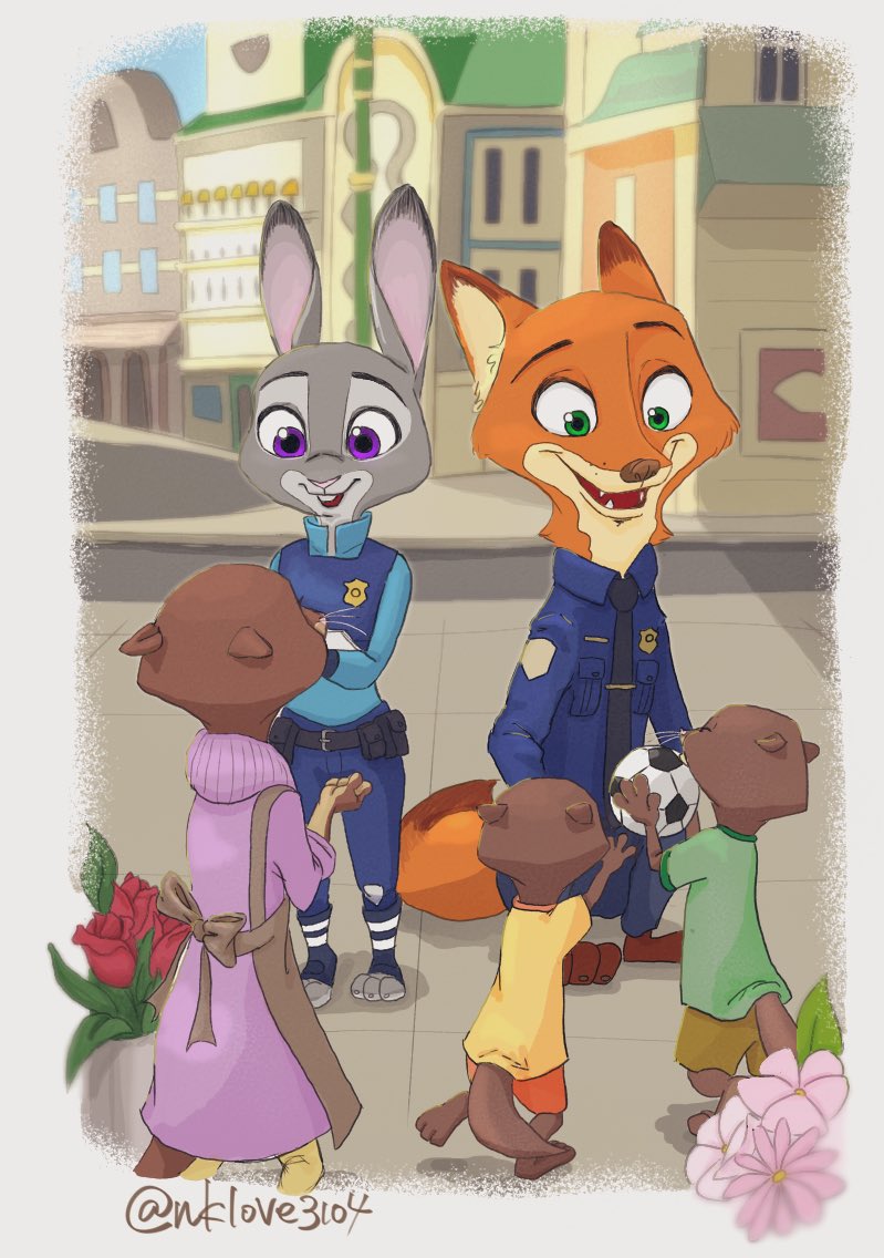 2020 anthro ball border brown_body brown_fur buckteeth building canid canine city clothed clothing disney female fox fully_clothed fur green_eyes grey_body grey_fur group holding_object judy_hopps lagomorph leporid lutrine male mammal mother mother_and_child mrs._otterton mustelid nick_wilde nklove3104 open_mouth open_smile orange_body orange_fur outside parent parent_and_child police_uniform purple_eyes rabbit red_fox sidewalk smile soccer_ball standing teeth uniform white_border zootopia