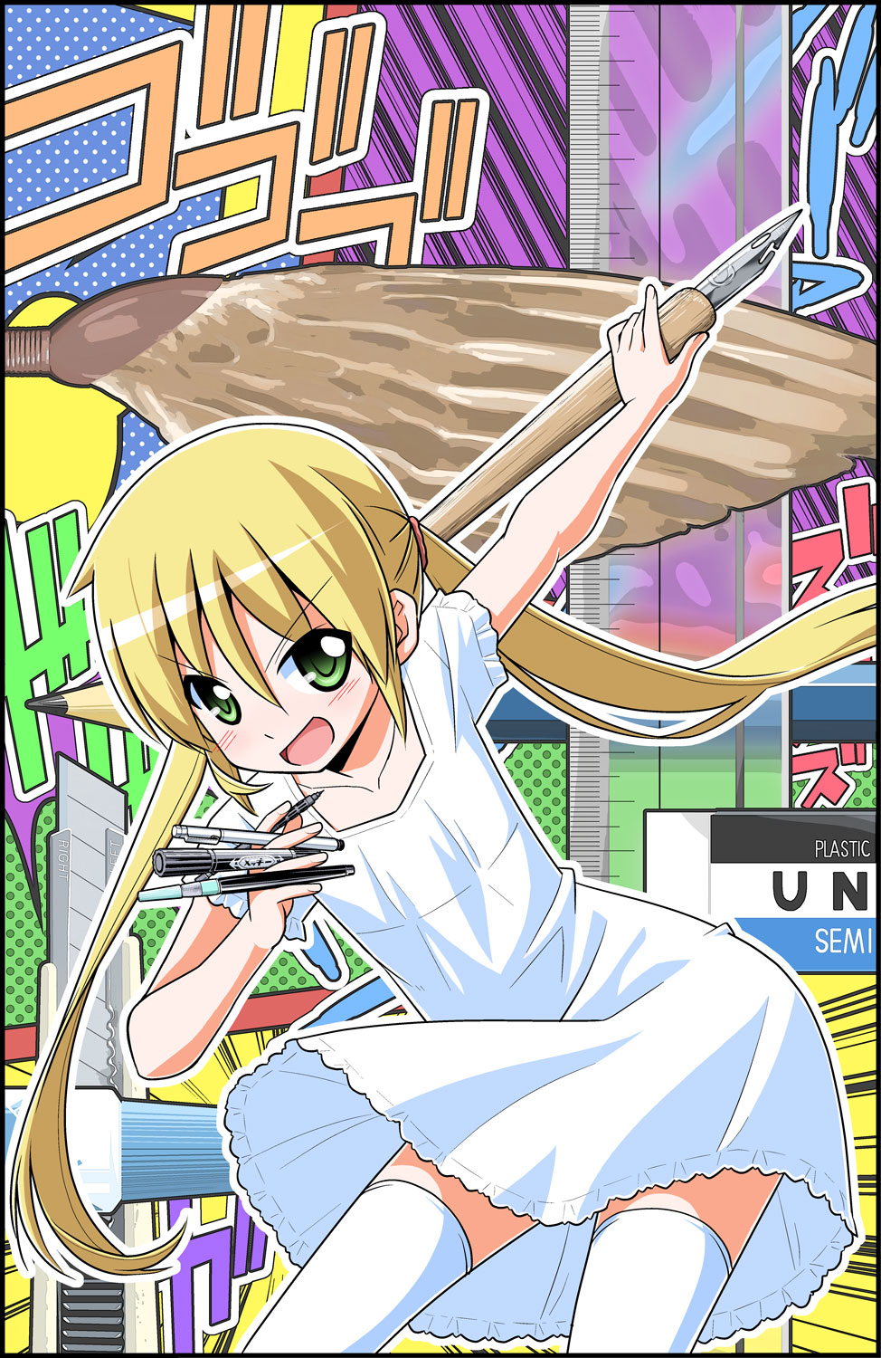 1girl blonde_hair blush boxcutter commentary_request dress eraser eyebrows_visible_through_hair green_eyes hata_kenjirou hayate_no_gotoku! highres holding holding_pen long_hair looking_at_viewer official_art open_mouth pen pencil sanzen'in_nagi solo sound_effects stationery thighhighs twintails white_dress zettai_ryouiki
