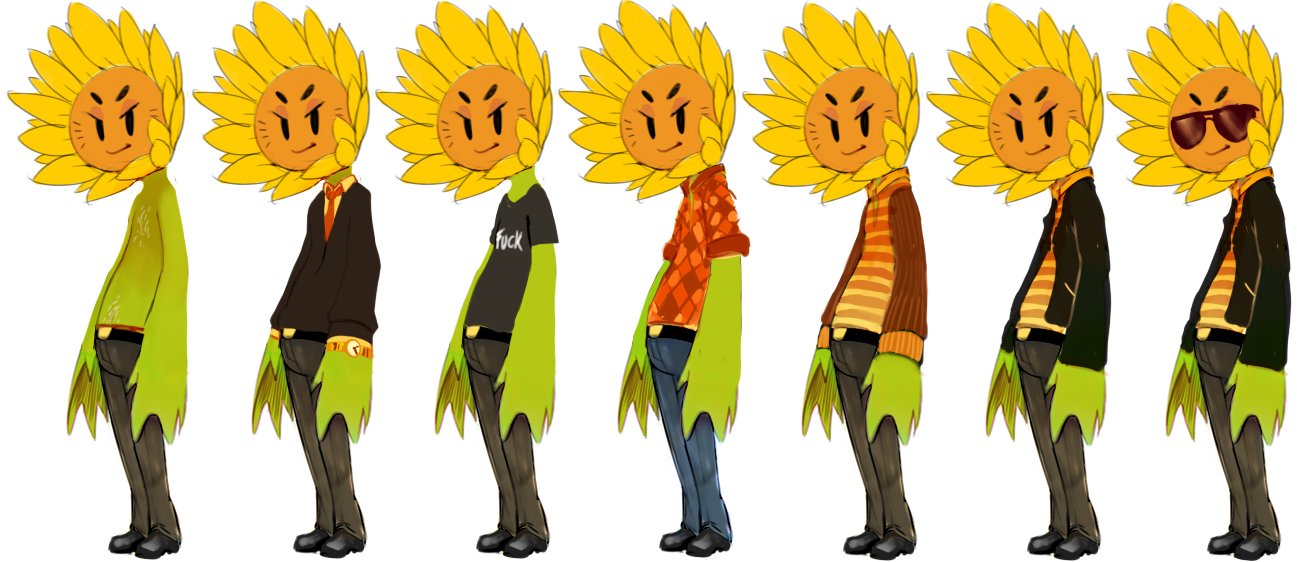 anthro bottomwear clock clothing elemental_creature flora_fauna flower footwear jacket jeans living_flower male model_sheet necktie pants plant shirt shoes solo suit sunflower sunibee topwear video_games watch