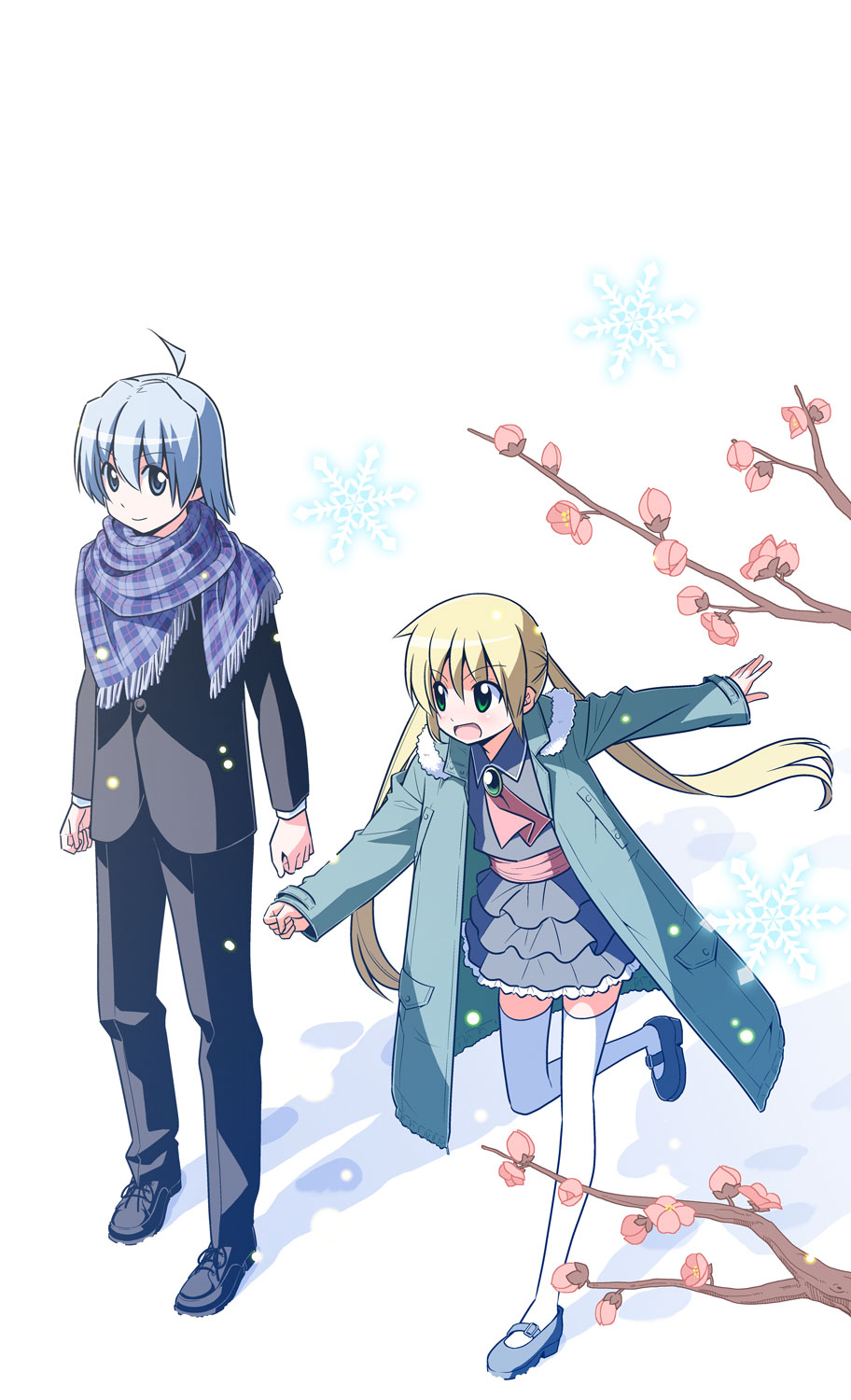1boy 1girl ahoge ayasaki_hayate blonde_hair blue_hair blush coat commentary_request flower formal green_eyes hata_kenjirou hayate_no_gotoku! highres long_hair looking_at_another looking_at_viewer official_art open_mouth sanzen'in_nagi scarf smile snowflakes snowing suit thighhighs tree white_background zettai_ryouiki