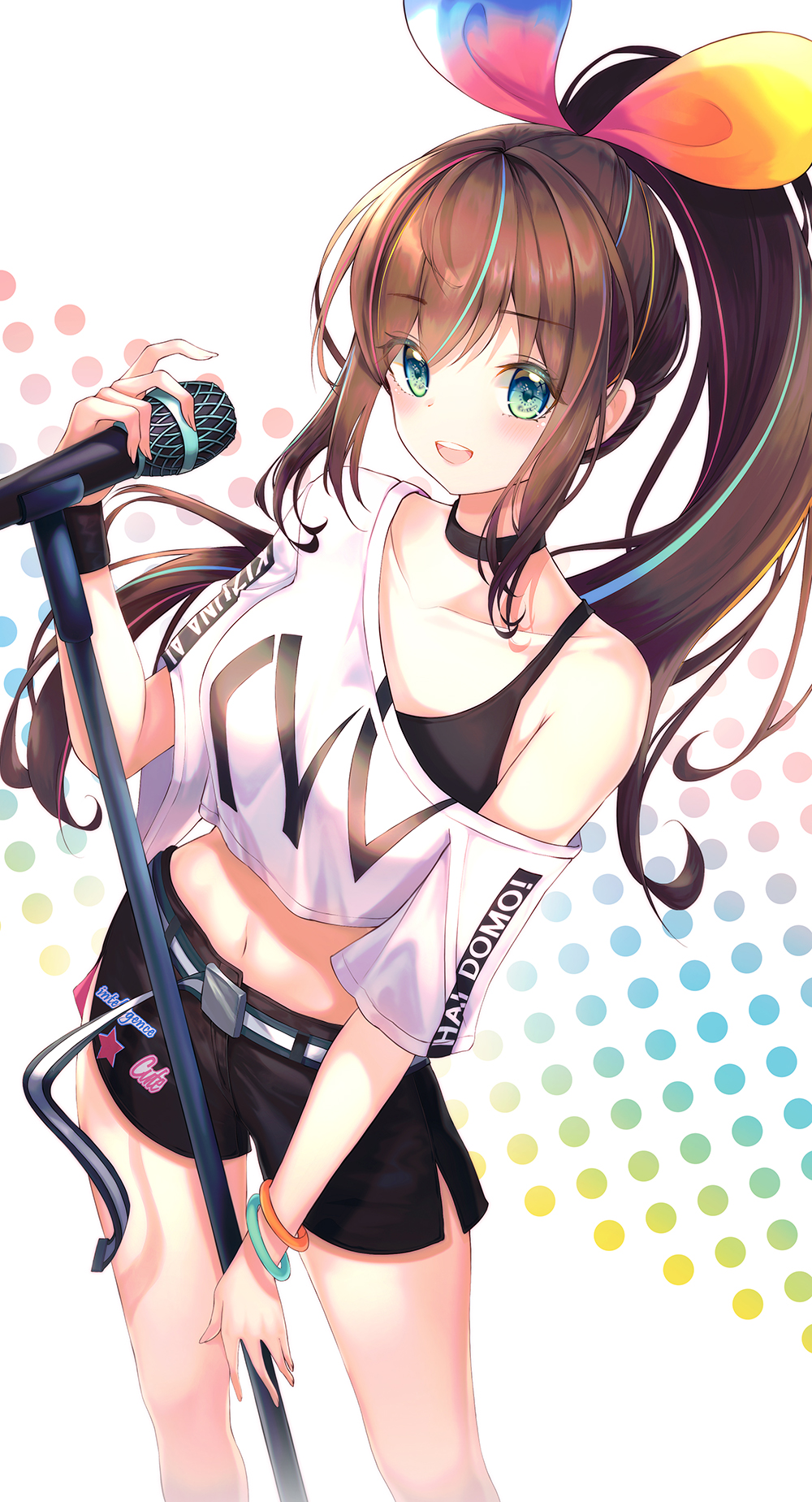 1girl :d a.i._channel bangs belt black_shorts blue_eyes blush bracelet brown_hair choker collarbone contrapposto eyebrows_visible_through_hair floating_hair hair_between_eyes highres jewelry kizuna_ai leaning_to_the_side long_hair microphone_stand midriff navel off-shoulder_shirt off_shoulder open_mouth paya_(aejx2345) ponytail print_shirt shiny shiny_hair shirt short_shorts shorts smile solo standing stomach very_long_hair virtual_youtuber white_background white_shirt