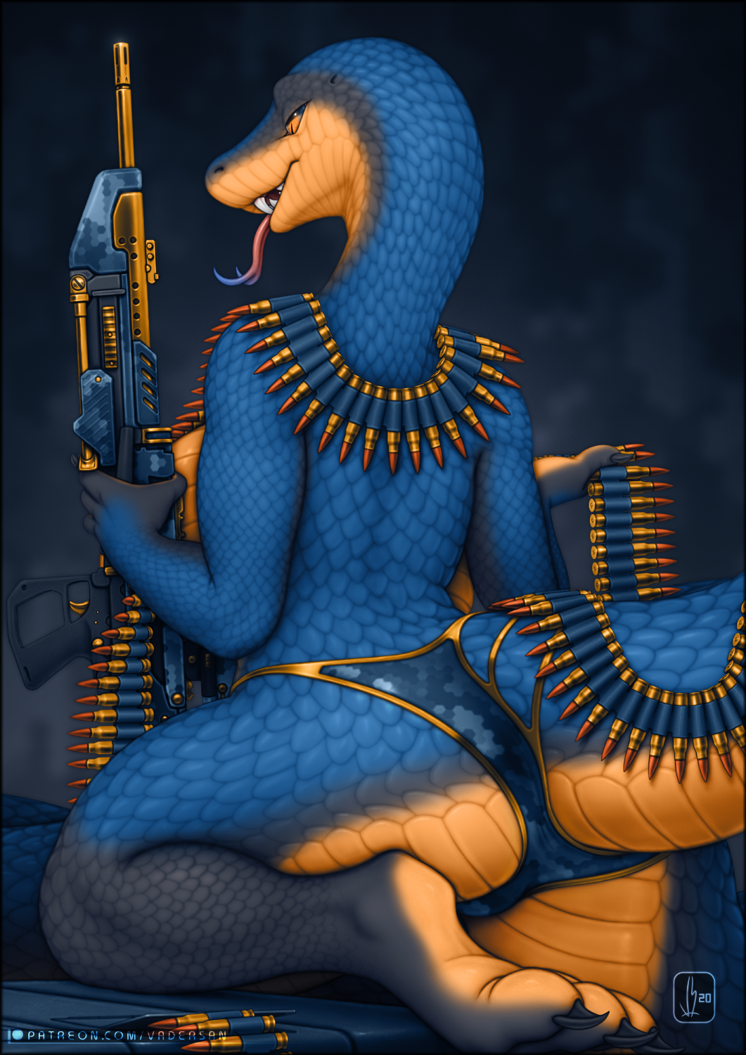 2020 anthro blue_body blue_scales breasts bullet butt digital_media_(artwork) fangs female forked_tongue gun gunmetal_(character) hi_res non-mammal_breasts ranged_weapon reptile scales scalie snake solo text tongue tongue_out url vader-san weapon