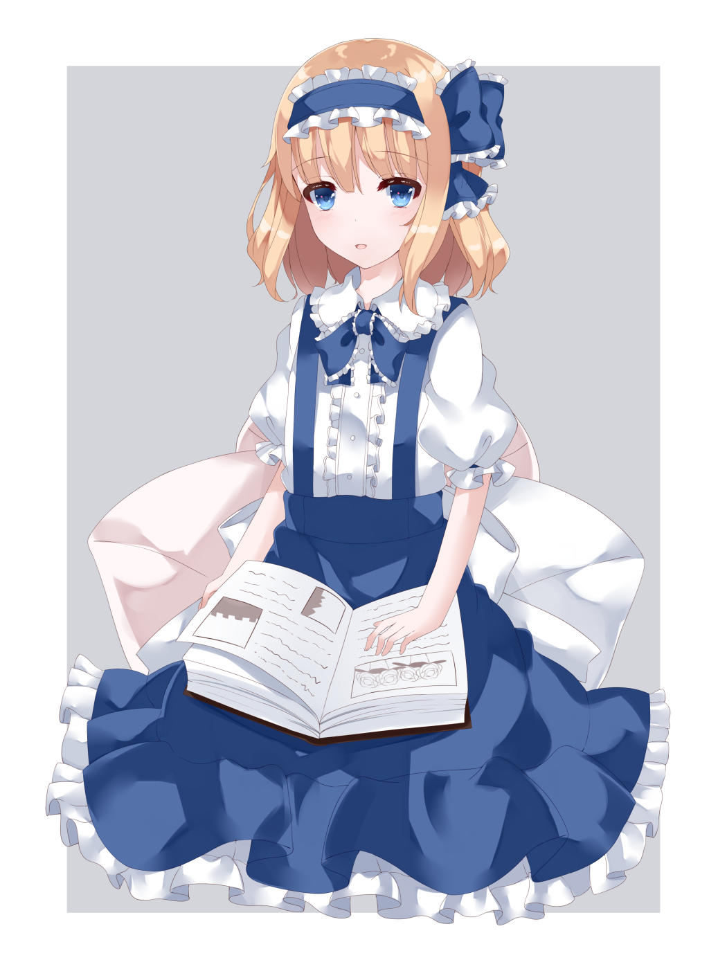 1girl alice_margatroid alice_margatroid_(pc-98) bangs blonde_hair blue_eyes blue_neckwear blue_ribbon blue_skirt book book_on_lap bow commentary eyebrows_visible_through_hair frilled_shirt_collar frilled_skirt frills grey_background hairband highres holding holding_book lolita_hairband looking_at_viewer nanatuki13 neck_ribbon open_book parted_lips petticoat puffy_short_sleeves puffy_sleeves ribbon shirt short_hair short_sleeves simple_background sitting skirt solo suspender_skirt suspenders touhou touhou_(pc-98) white_bow white_shirt