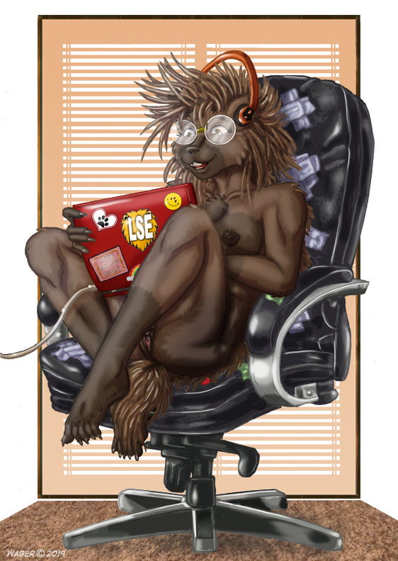 2019 anthro black_nose breasts brown_body brown_eyes brown_fur brown_nipples chair computer eyewear female fur furniture genitals glasses laptop mammal nipples nude open_mouth porcupine pussy rodent solo style_wager tanya_quille