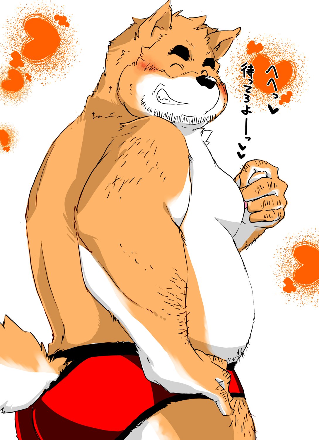 2020 anthro beard belly black_nose blush butt canid canine canis clothing domestic_dog eyes_closed facial_hair hi_res humanoid_hands japanese_text kemono male mammal moobs overweight overweight_male shintatokoro solo text underwear