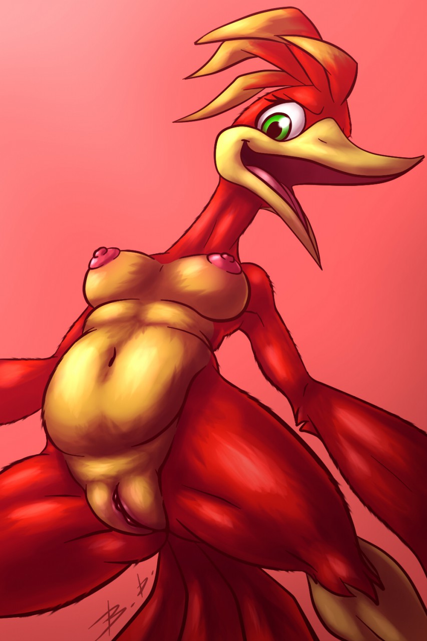 anthro avian banjo-kazooie bassy_wolfeh belly breasts breegull clitoris female genitals green_eyes hi_res kazooie looking_at_viewer low-angle_view nipples pussy rareware slightly_chubby smile solo video_games