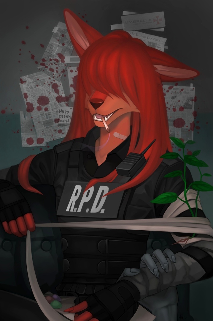 5_fingers anonymous_artist anthro armor bandage black_nose blood bodily_fluids canid canine capcom cigarette clothed clothing detailed_background digital_media_(artwork) female fingerless_gloves fingers fox fully_clothed fur gloves grass hair handwear long_ears long_hair mammal newspaper orange_body orange_fur police_uniform red_fox red_hair resident_evil shirt smile smoke solo tfs_amarihel_(character) topwear uniform video_games