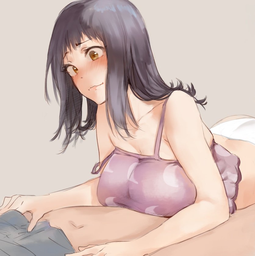 1boy 1girl blush bra breasts cleavage closed_mouth eyebrows_visible_through_hair from_side girl_on_top grey_background grey_hair implied_paizuri itsuwa large_breasts medium_hair navel noccu pink_bra simple_background smile solo to_aru_majutsu_no_index underwear yellow_eyes