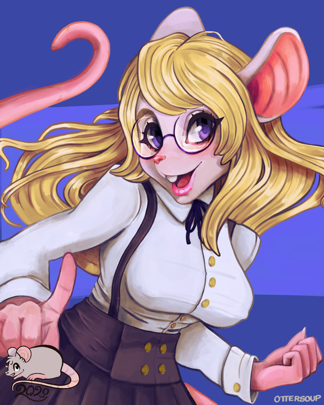 4:5 anthro blonde_hair bottomwear clothing eyewear female fingers glasses hair mammal mouse murid murine open_mouth ottersoup rat rodent school school_uniform skirt smile solo uniform