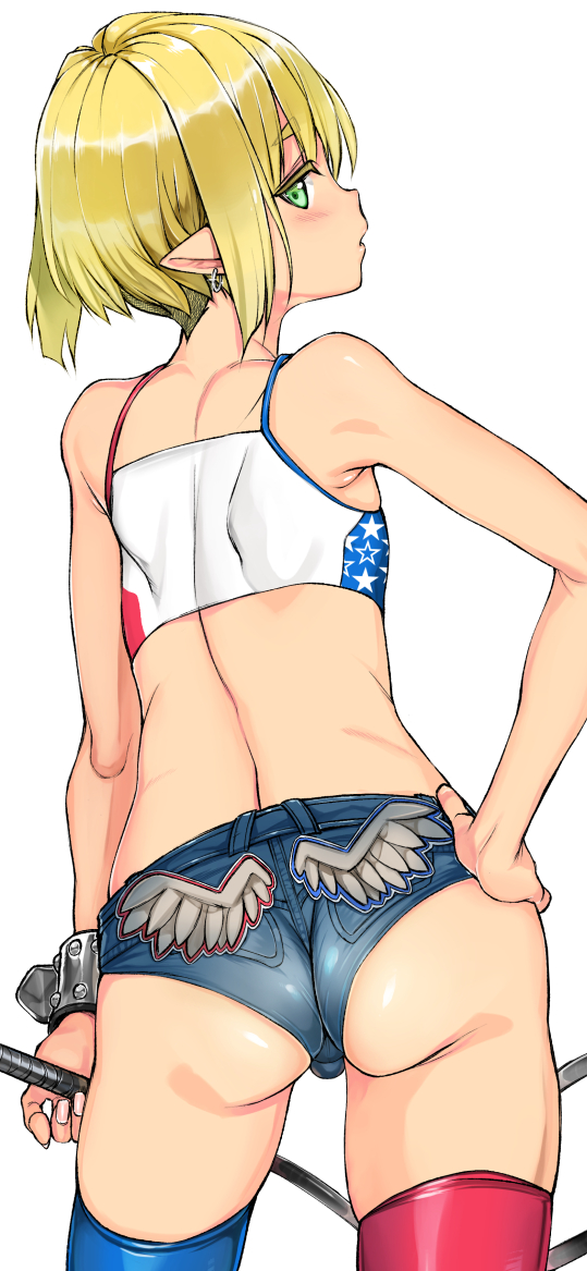 1boy ass blonde_hair bulge coin_rand earrings elf green_hair jewelry jitome looking_back male_focus otoko_no_ko pointy_ears r-15 short_hair short_shorts shorts shoulder_blades skindentation solo thighhighs