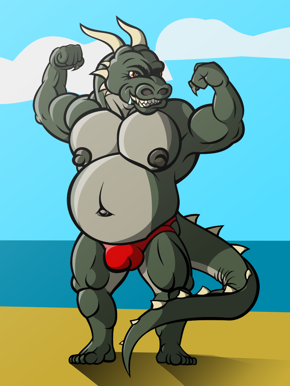 3:4 animal_humanoid anthro balls beach belly bodily_fluids bondius brief bulge clothing dragon dragon_humanoid drooling flexing genitals hi_res horn humanoid looking_at_viewer male manly muscular muslces nipples orange_eyes paunchy saliva scalie sea seaside smile solo spike_(disambiguation) spikey summer swimming swimwear thong thong_(swimwear) tubby underwear water