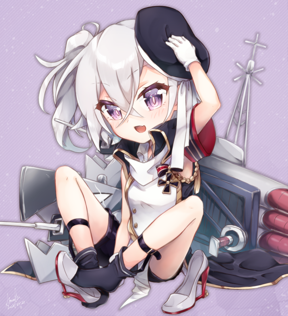1girl :d age_regression armband armpits azur_lane bangs beret between_legs black_legwear black_shorts blush buttons coattails commentary_request crossed_bangs dated eyebrows_visible_through_hair fang footwear_removed full_body gloves hair_between_eyes hand_between_legs hat hat_ribbon high_heels holding holding_hat iron_cross ironblood_rigging leg_belt long_hair looking_at_viewer loose_socks machinery maple_may-gumi open_mouth purple_background purple_eyes ribbon rigging rudder_footwear shirt shorts sidelocks signature silver_hair simple_background sitting skin_fang sleeveless sleeveless_shirt smile socks solo torpedo white_gloves white_ribbon white_shirt younger z1_leberecht_maass_(azur_lane)