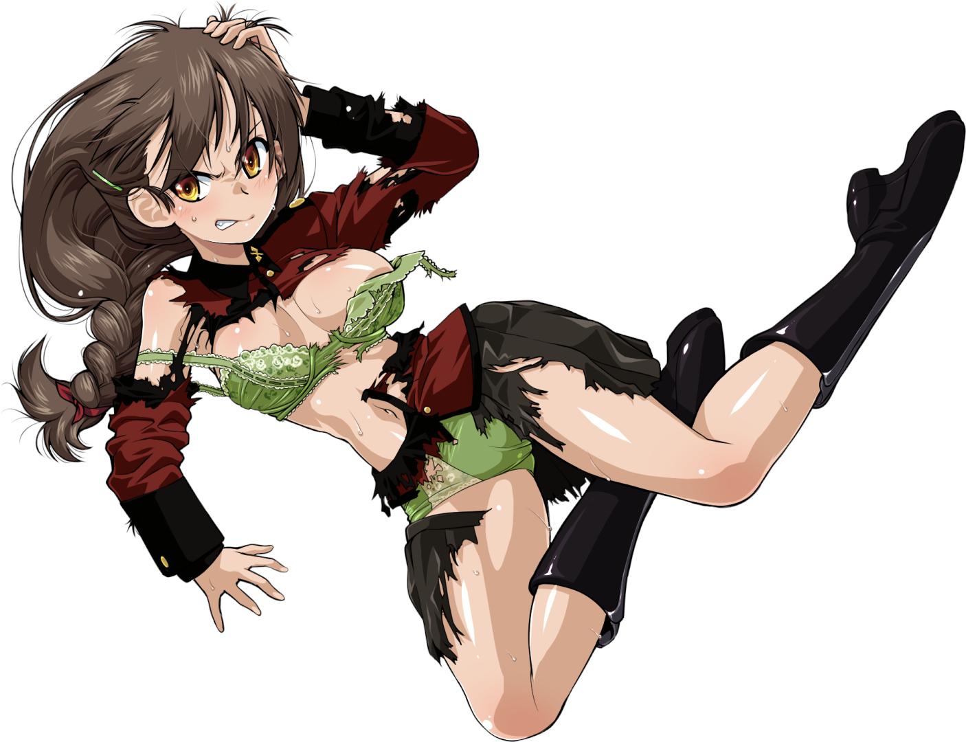 1girl areola_slip areolae arm_support black_footwear black_skirt boots bra braid breasts brown_eyes brown_hair epaulettes frown girls_und_panzer green_bra green_panties grimace hair_ornament hair_ribbon hairclip hand_on_own_head insignia jacket lace lace-trimmed_bra long_hair long_sleeves medium_breasts messy_hair military military_uniform miniskirt navel panties pleated_skirt r-ex red_jacket red_ribbon ribbon rukuriri_(girls_und_panzer) single_braid skirt solo st._gloriana's_military_uniform strap_slip sweat torn_bra torn_clothes torn_jacket torn_skirt underwear uniform v-shaped_eyebrows