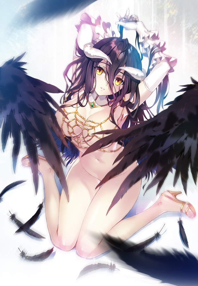 1girl albedo arms_up artist_name black_hair black_wings breasts carnelian commentary_request convenient_censoring detached_collar elbow_gloves feathers gloves high_heels horns large_breasts legs long_hair looking_at_viewer nude open_toe_shoes overlord_(maruyama) parted_lips sitting slit_pupils solo wariza white_gloves wing_censor wings yellow_eyes