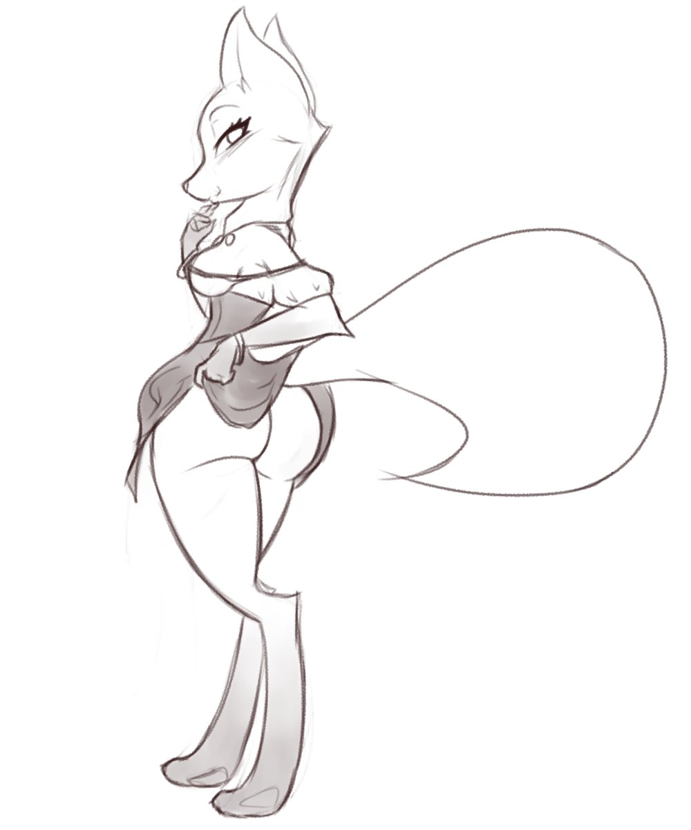 armello biped breasts butt canid canine cleavage clothed clothing dress female fox hi_res ihara jewelry looking_at_viewer looking_back mammal monochrome narrowed_eyes presenting presenting_hindquarters raised_clothing raised_dress raised_tail scarlet_(armello) seductive simple_background solo standing video_games white_background
