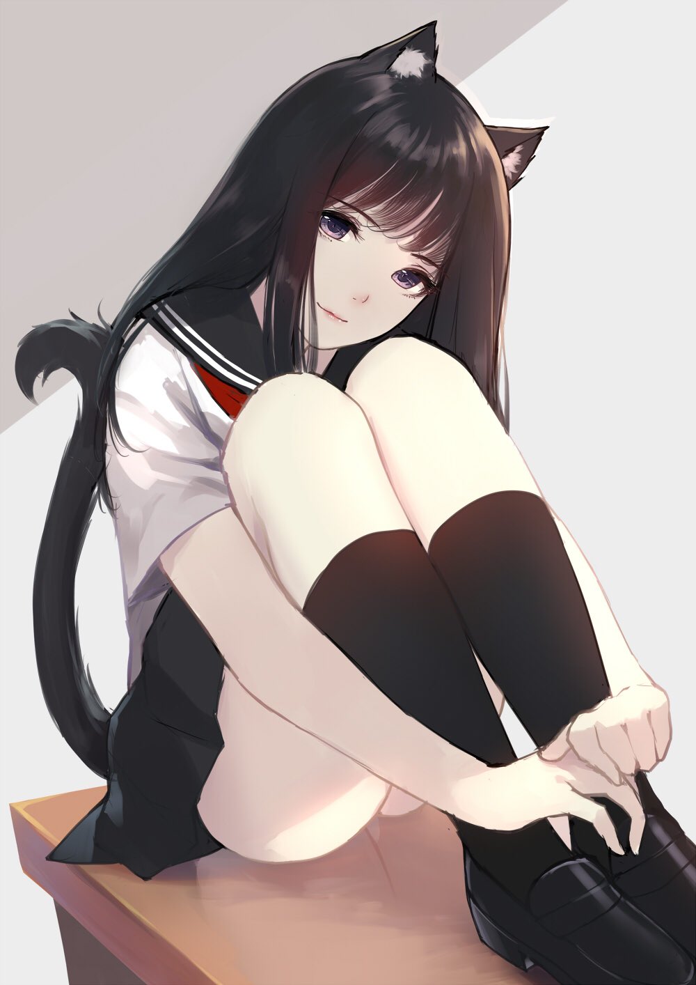 1girl animal_ears bangs black_footwear black_hair black_legwear black_skirt caidychen cat_ears closed_mouth commentary eyebrows_visible_through_hair foot_out_of_frame head_tilt highres kneehighs knees_to_chest knees_up legs_together light_smile loafers long_hair looking_at_viewer neckerchief original own_hands_together panties pantyshot pantyshot_(reflection) pleated_skirt purple_eyes red_neckwear reflection school_uniform serafuku shirt shoes short_sleeves sitting skirt solo straight_hair table tail underwear white_shirt
