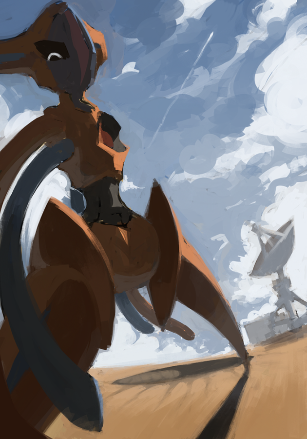 cloud cloudy_sky commentary creature deoxys deoxys_(normal) desert dreishzu english_commentary gen_3_pokemon legs_apart looking_at_viewer no_humans outdoors pokemon pokemon_(creature) satellite_dish shadow sky standing