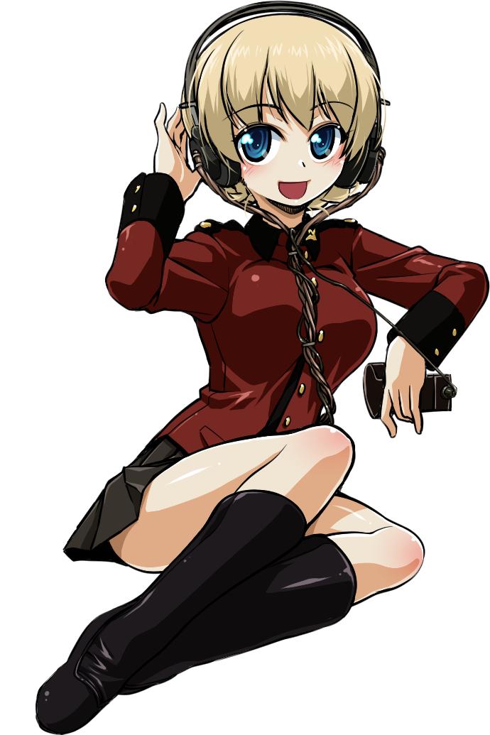 1girl bangs black_footwear black_skirt blonde_hair blue_eyes boots braid darjeeling_(girls_und_panzer) epaulettes eyebrows_visible_through_hair girls_und_panzer hand_on_headphones headphones holding insignia jacket long_sleeves looking_at_viewer military military_uniform miniskirt open_mouth pleated_skirt r-ex radio red_jacket short_hair simple_background sitting skirt smile solo st._gloriana's_military_uniform tied_hair twin_braids uniform white_background