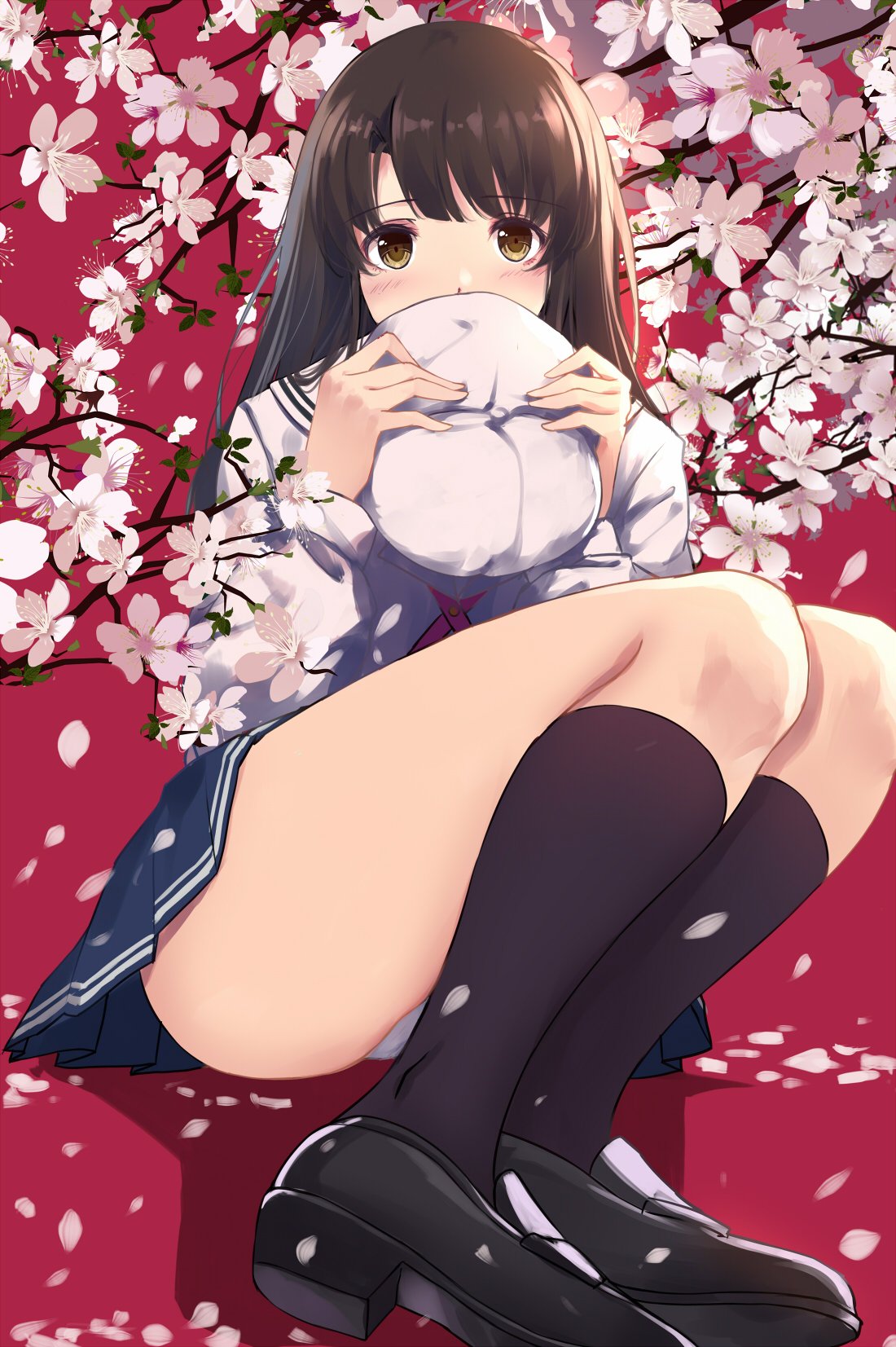 1girl bangs beret black_footwear blue_skirt blush branch brown_eyes brown_hair caidychen cherry_blossoms commentary covering_mouth eyebrows_visible_through_hair hands_up hat highres katou_megumi kneehighs knees_up legs_together loafers long_hair looking_at_viewer panties pantyshot petals pink_background pleated_skirt red_neckwear saenai_heroine_no_sodatekata school_uniform serafuku shirt shoes sitting skirt solo straight_hair underwear white_headwear white_shirt