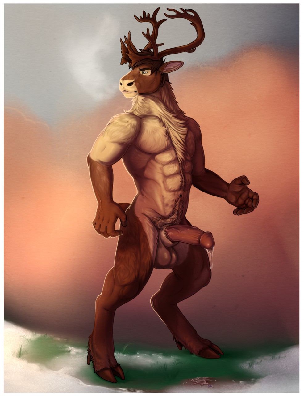 abs animal_genitalia anthro antlers balls big_penis bodily_fluids body_hair capreoline cervid erection genital_fluids genitals happy_trail hi_res homogenousrule hooves horn looking_away male mammal muscular muscular_male neck_tuft nude penis precum raiz reindeer sheath snow solo tuft