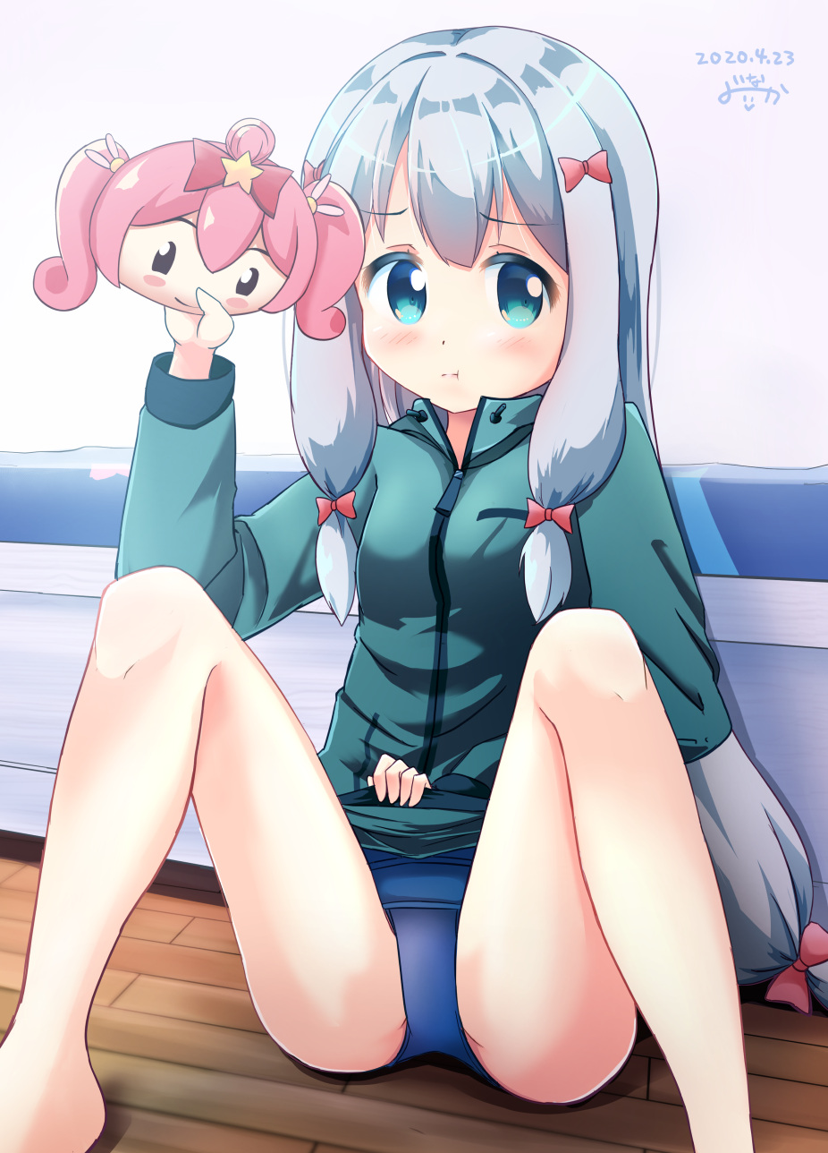 1girl bed blue_eyes blue_swimsuit bow commentary_request dated eromanga_sensei green_jacket hair_bow highres hoshikuzu_witch_meruru inakami izumi_sagiri jacket long_hair looking_at_viewer low-tied_long_hair mask meruru_(oreimo) pink_bow pout school_swimsuit signature silver_hair solo spread_legs swimsuit