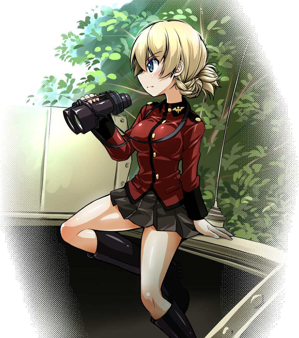 1girl bangs black_footwear black_skirt blonde_hair blue_eyes boots braid closed_mouth commentary darjeeling_(girls_und_panzer) day epaulettes eyebrows_visible_through_hair frown girls_und_panzer holding holding_binoculars insignia jacket long_sleeves looking_to_the_side military military_uniform miniskirt outdoors pleated_skirt r-ex red_jacket short_hair sitting skirt solo st._gloriana's_military_uniform tied_hair tree twin_braids uniform