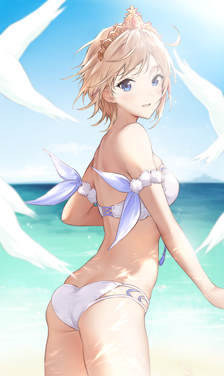 1girl ass beach bikini blonde_hair blue_eyes blue_sky day europa_(granblue_fantasy) gradient_sky granblue_fantasy highres looking_at_viewer outdoors saboten short_hair side-tie_bikini sky solo swimsuit tiara white_bikini