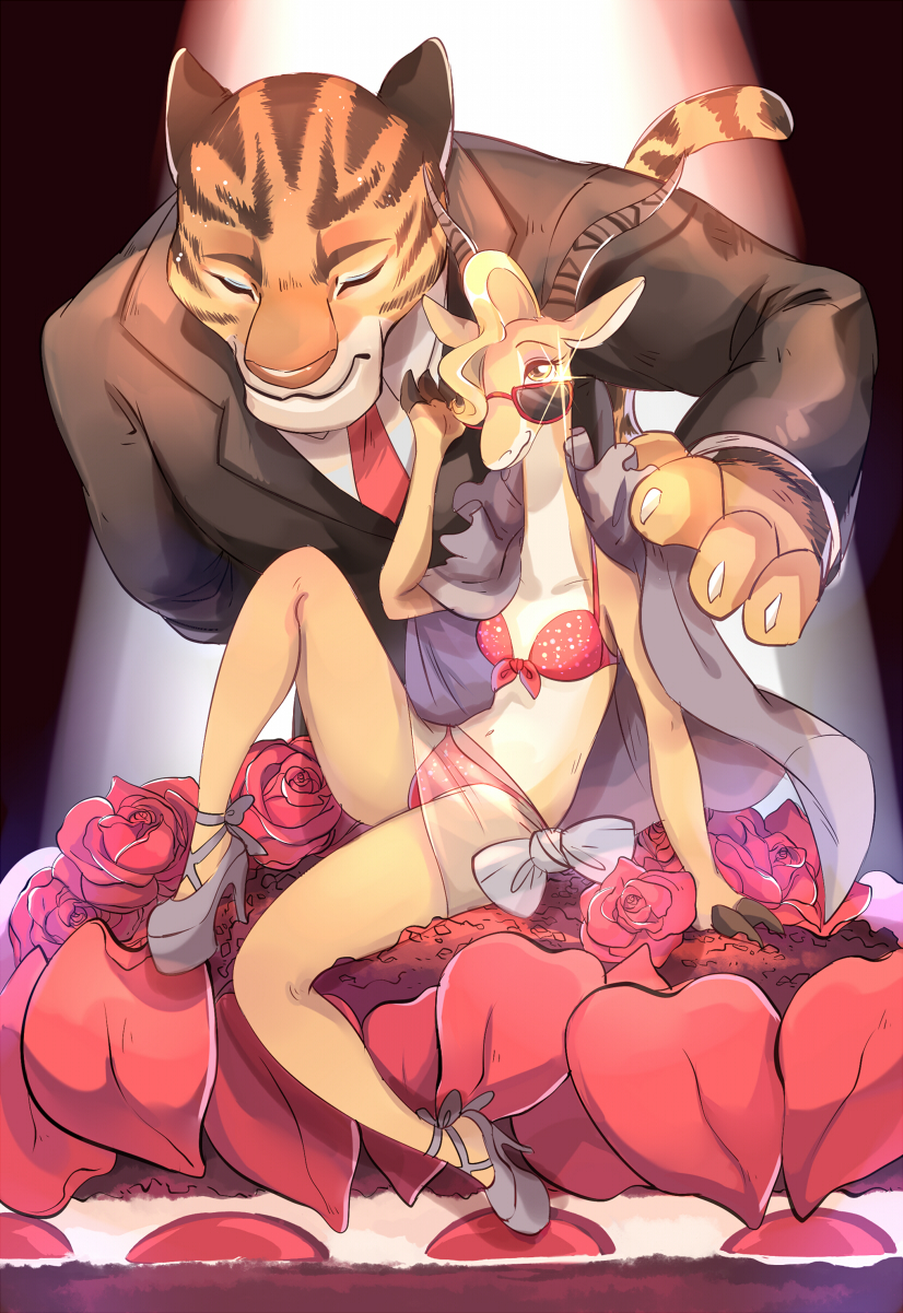 2016 antelope anthro blonde_hair bovid bra clothed clothing disney duo eyes_closed eyewear felid female flower fur gazelle gazelle_(zootopia) hair hi_res horn mammal orange_body orange_fur pantherine panties plant rose_(flower) siam貝 sitting striped_body striped_fur stripes suit sunglasses tiger tiger_dancer_(zootopia) underwear yellow_body yellow_fur zootopia