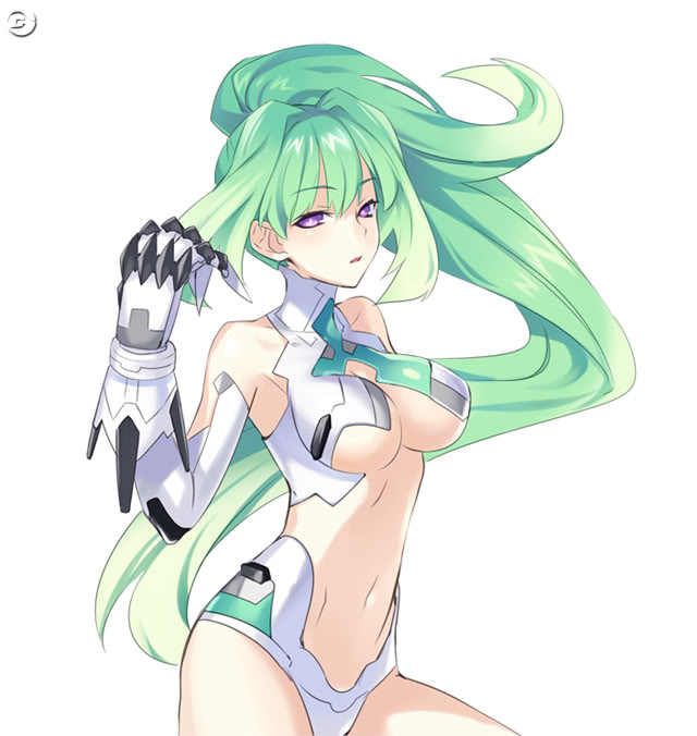 :o armor armpits bangs bare_shoulders breasts center_opening choujigen_game_neptune claws cleavage cowboy_shot detached_sleeves floating_hair from_side gauntlets green_hair green_heart hair_intakes half-closed_eyes halterneck hand_up high_ponytail large_breasts leotard long_hair looking_at_viewer magical_girl midriff navel neptune_(series) official_art open_mouth ponytail power_symbol purple_eyes revealing_clothes simple_background solo symbol-shaped_pupils tsunako turtleneck underboob very_long_hair watermark white_background