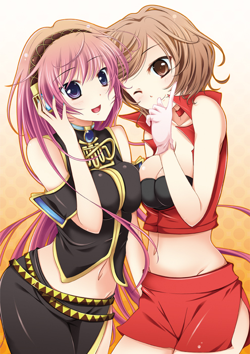 bad_id bad_pixiv_id blue_eyes breast_press breasts brown_eyes brown_hair cleavage framed_breasts headphones itou_chiriko long_hair medium_breasts megurine_luka meiko midriff multiple_girls navel pink_hair short_hair skirt smile symmetrical_docking vocaloid