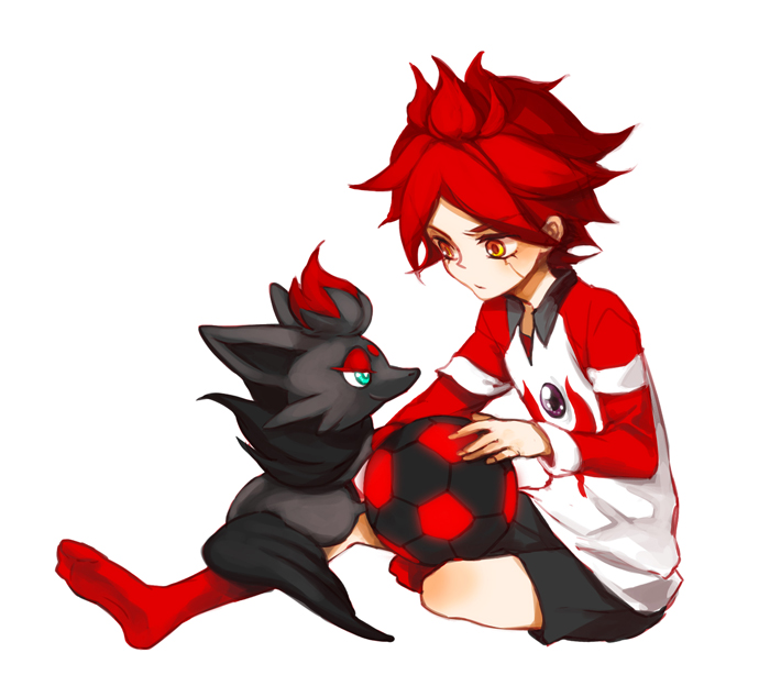 bad_id bad_pixiv_id ball black_soccer_ball gen_5_pokemon inazuma_eleven inazuma_eleven_(series) kyra male_focus nagumo_haruya pants pokemon pokemon_(creature) red_hair shirt sitting soccer_ball t-shirt telstar uniform zorua