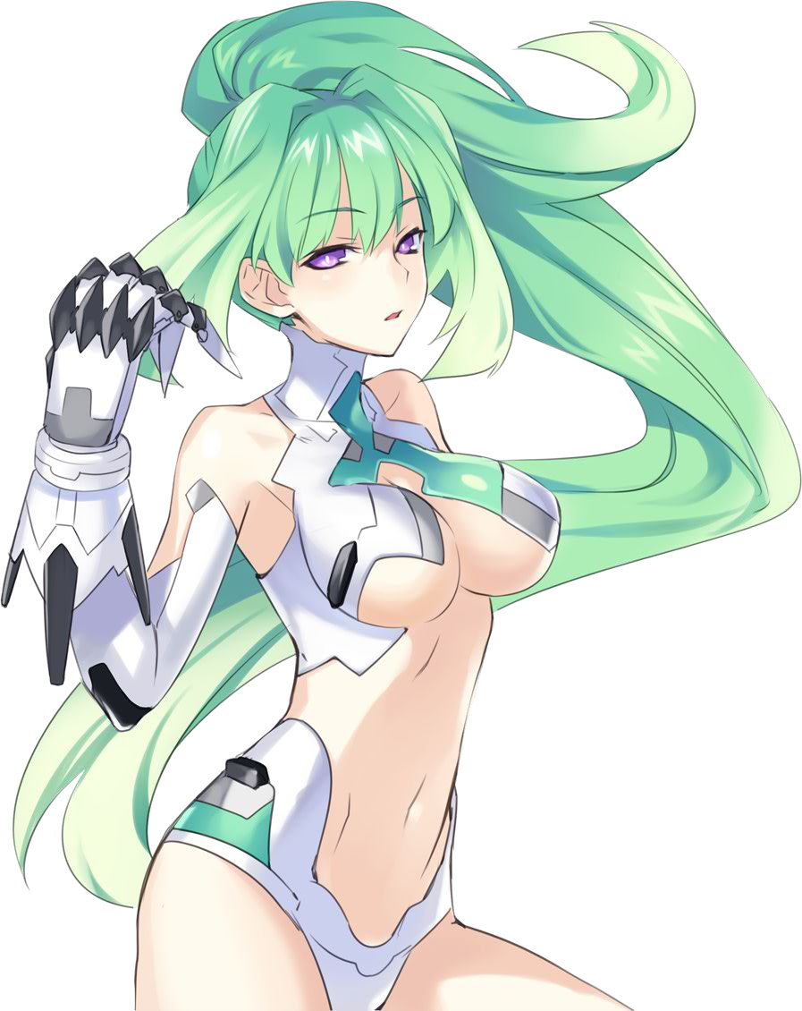 :o armor armpits bangs bare_shoulders breasts center_opening choujigen_game_neptune claws cleavage cowboy_shot detached_sleeves floating_hair from_side gauntlets green_hair green_heart hair_intakes half-closed_eyes halterneck hand_up high_ponytail large_breasts leotard long_hair looking_at_viewer magical_girl midriff navel neptune_(series) official_art open_mouth ponytail power_symbol purple_eyes revealing_clothes solo symbol-shaped_pupils transparent_background tsunako turtleneck underboob very_long_hair