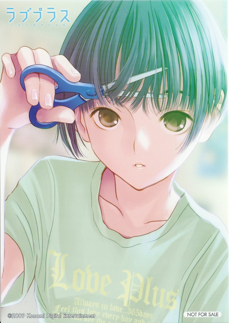 2009 bangs black_hair brown_eyes clothes_writing collarbone company_name copyright_name cutting_hair english fingernails flat_chest hand_up holding holding_scissors kobayakawa_rinko lips looking_at_viewer love_plus mino_tarou official_art parted_lips scan scissors shirt short_hair short_sleeves solo t-shirt upper_body white_shirt