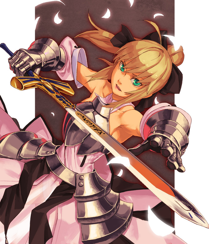 armor armored_dress artoria_pendragon_(all) blonde_hair caliburn dress fate/stay_night fate/unlimited_codes fate_(series) faulds gauntlets green_eyes petals ponytail saber saber_lily solo sword weapon yuuji_(and)