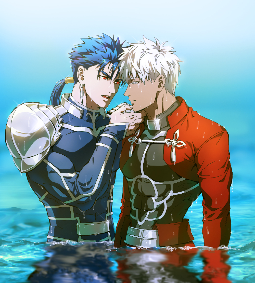2boys alternate_hairstyle archer bangs chest chin_grab couple cu_chulainn_(fate)_(all) cu_chulainn_(fate/grand_order) dark_skin dark_skinned_male earrings eye_contact fate/stay_night fate_(series) hand_on_another's_chin holding jewelry kim_yura_(goddess_mechanic) long_sleeves looking_at_another male_focus multiple_boys muscle open_mouth pectorals ponytail red_eyes shoulder_armor smile unlimited_blade_works water wet wet_clothes wet_hair white_hair yaoi