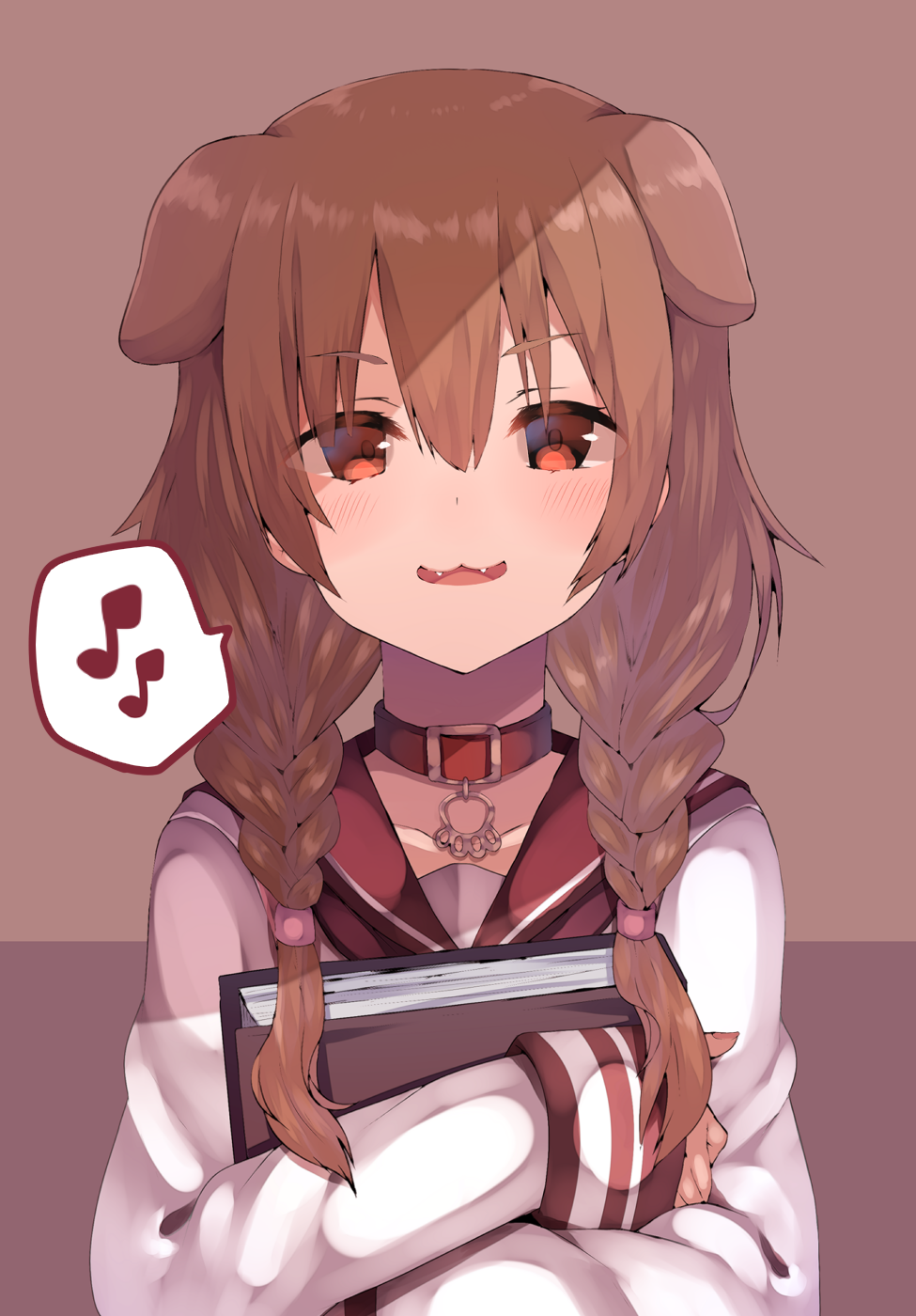 1girl :d animal_ears atsutoku bespectacled book book_hug braid brown_background brown_eyes brown_hair collar dog_ears fangs glasses highres holding holding_book hololive inugami_korone long_hair long_sleeves musical_note open_mouth red-framed_eyewear sailor_collar school_uniform semi-rimless_eyewear serafuku simple_background smile solo spoken_musical_note twin_braids two-tone_background upper_body virtual_youtuber