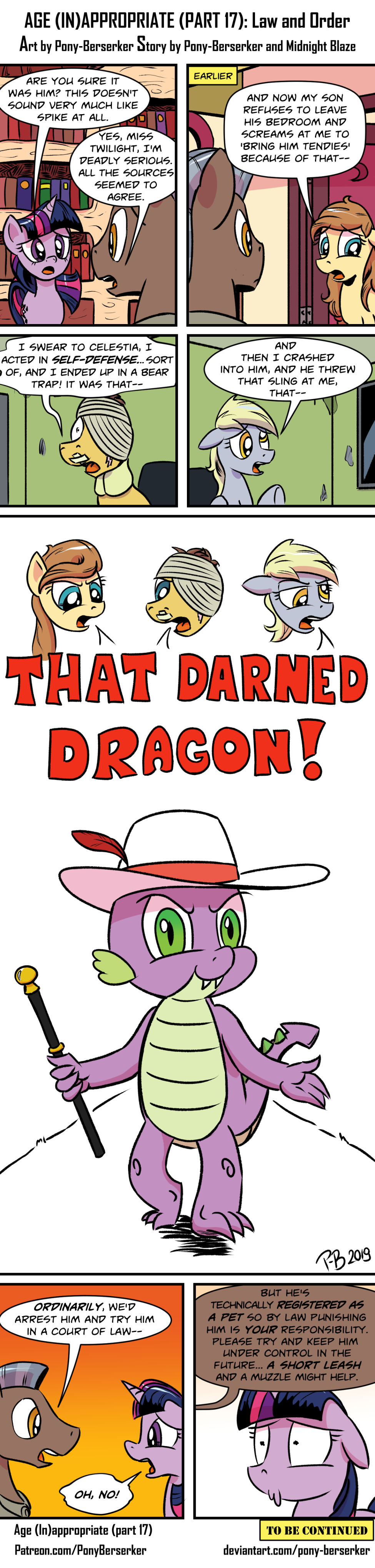absurd_res band-aid bandage cane caramel_(mlp) clothing comic cream_heart_(mlp) derp_eyes derpy_hooves_(mlp) dragon english_text equid equine fan_character fangs fedora female friendship_is_magic hat headgear headwear hi_res horn horse long_image male mammal my_little_pony police police_officer pony pony-berserker pterippus spike_(mlp) tall_image text twilight_sparkle_(mlp) unicorn url wings