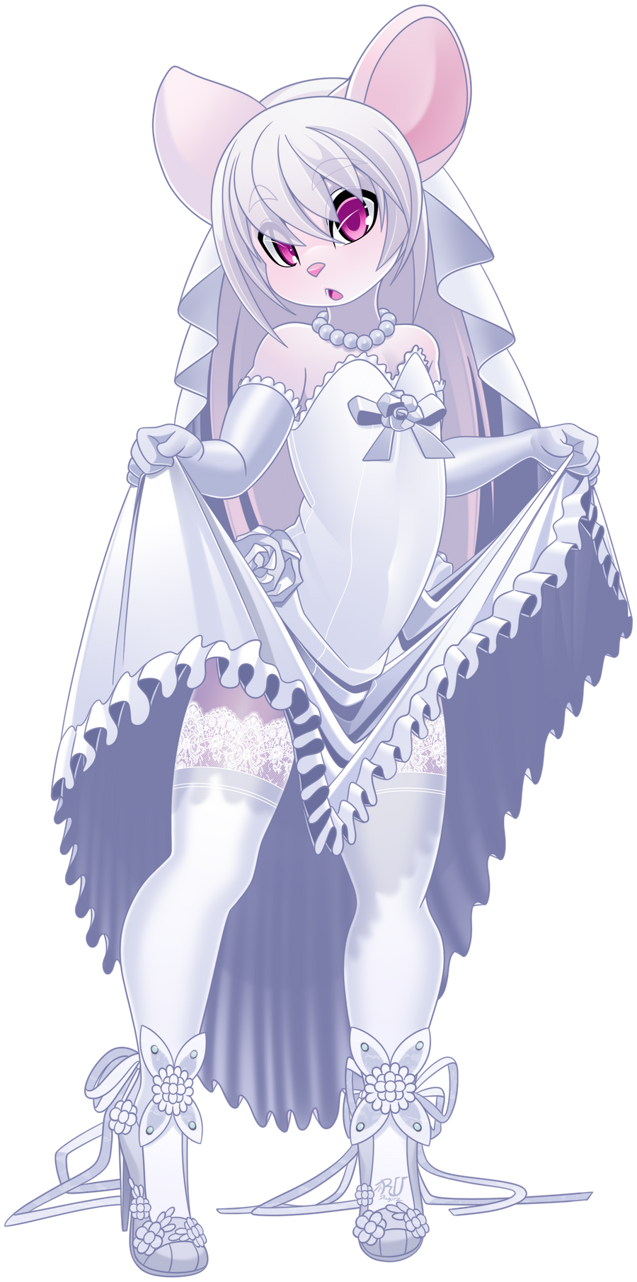 alpha_channel ambiguous_gender anthro armwear bridal_gauntlets clothed clothing dress fur girly hair hi_res jewelry legwear mammal mirage_(lunarmihari) mouse murid murine necklace open_mouth pink_eyes pink_nose rodent rudragon simple_background solo stockings thigh_highs transparent_background veil wedding_dress white_body white_fur white_hair