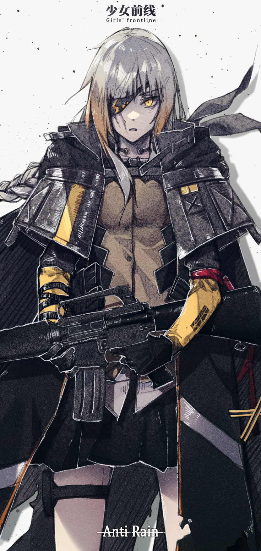 1girl anti-rain_(girls_frontline) assault_rifle bangs black_eyepatch black_gloves black_skirt braid copyright_name english_text eyebrows_visible_through_hair eyepatch facial_scar girls_frontline gloves gun highres holding holding_gun holding_weapon jacket long_hair long_sleeves looking_at_viewer m16 m16a1 m16a1_(girls_frontline)_(boss) multicolored_hair orange_hair parted_lips rifle scar scar_across_eye scar_on_cheek sidelocks silver_hair skirt solo standing streaked_hair thigh_strap trigger_discipline weapon yellow_eyes yellow_sleeves zxzx121222