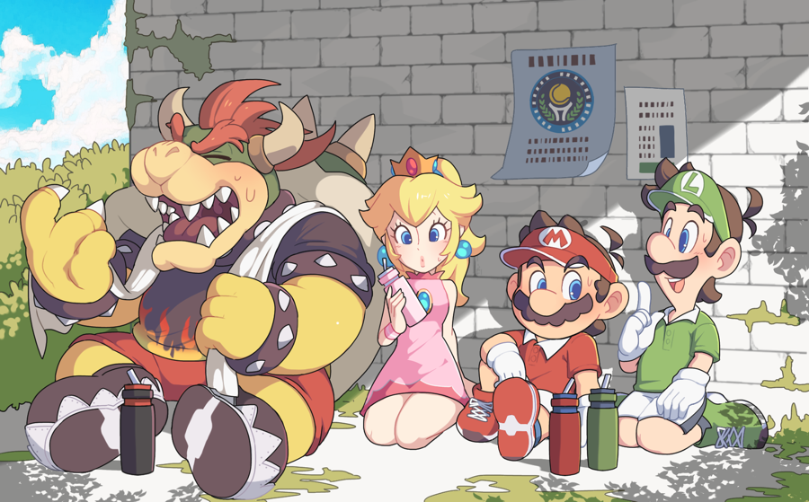 1girl blonde_hair blue_eyes bowser crown earrings jewelry long_hair luigi mario mario_(series) mario_tennis notice omochi_(glassheart_0u0) open_mouth outdoors princess_peach shoes sleeveless sneakers sportswear sweat tennis_uniform wall