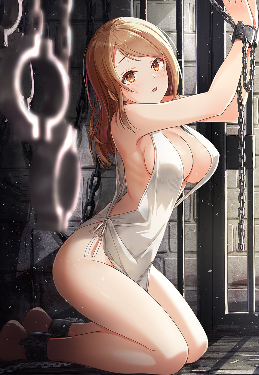 1girl bangs bare_arms bare_legs bare_shoulders breasts brown_eyes brown_hair chain chained cleavage commentary_request covered_nipples dress eyebrows_visible_through_hair from_side highres houjou_karen idolmaster idolmaster_cinderella_girls kazu kneeling large_breasts long_hair looking_at_viewer no_bra no_panties open_mouth restrained solo white_dress
