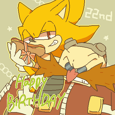 1:1 2013 aliasing anthro bukikobuta carrying clenched_teeth clothing dr._eggman duo english_text eulipotyphlan facial_hair food footwear fur gloves grin half-closed_eyes handwear happy_birthday hedgehog holding_food holding_object hot_dog human low_res male mammal mustache narrowed_eyes on_shoulder red_eyes shoes simple_background sitting smile sonic_the_hedgehog sonic_the_hedgehog_(series) star super_sonic teeth text yellow_background yellow_body yellow_fur