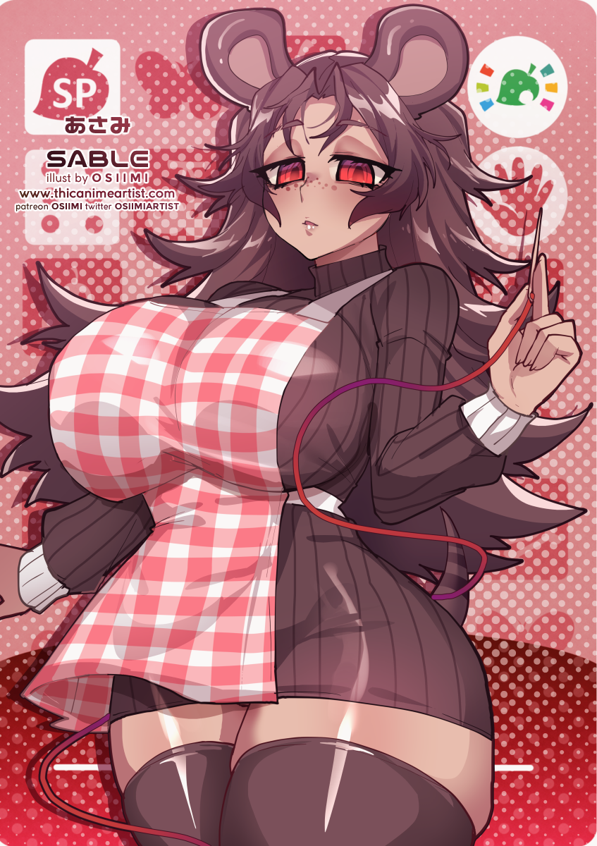 absolute_territory alternate_species alternate_version_at_source amiibo_card animal_crossing animal_humanoid apron big_breasts breasts brown_hair clothed clothing eulipotyphlan eulipotyphlan_humanoid female freckles hair hedgehog hedgehog_humanoid hi_res holding_object humanoid humanoidized legwear long_hair mammal mammal_humanoid nintendo osiimi portrait red_eyes sable_able sewing_needle solo stockings sweater text thread three-quarter_portrait topwear url video_games